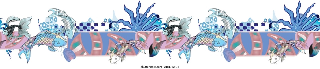 Seamless border in Japanese style. Koi fish and plants. Suitable for fabric, mural, wallpapers, wrapping paper and the like.