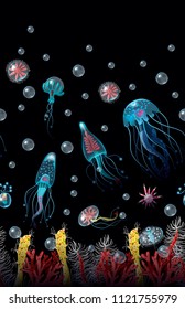 Seamless border with Jellyfish, corals, seaweed and other inhabitants of the ocean.
