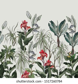 Seamless Border Jungle High End Mão Desenhada Ilustração Botânica Imprimir Selva Floresta Tropical Folhas Dracena e Palmeiras Trópicos da floresta tropical com flores exóticas Hibiscus Red Blossom on Blue Background