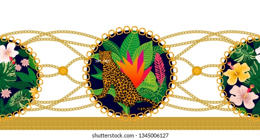 Seamless border with jungle motifs. Colorful vector pattern with leopard and tropical plants on white backbround. Ethnic textile collection.