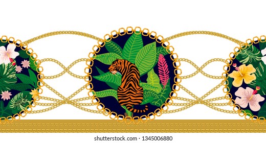 Seamless border with jungle motifs. Colorful vector pattern with tiger and tropical plants on white backbround. Ethnic textile collection.