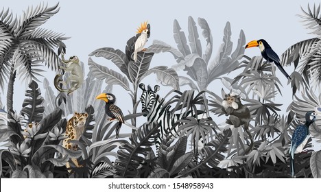 Seamless Border With Jungle Trees And Animals In Monochrome Style.