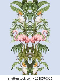 Seamless border with jungle trees, flamingo and parrots. Vector.