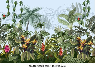 Seamless border with jungle trees and flowers. Vector. 