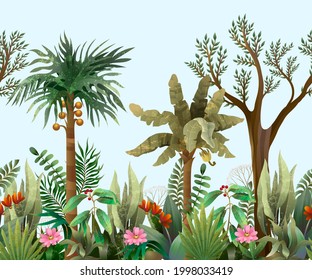 Frontera perfecta con árboles de selva y flores. Vector