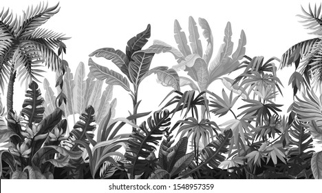 Seamless border with jungle trees in monochrome style.