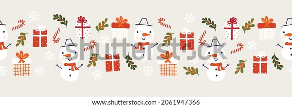 Seamless border Kids Christmas Snowman gift box.\
Cute winter holiday vector pattern horizontal snowmen, snowflakes,\
presents. Repeating banner flat Scandinavian style for holiday\
cards, ribbon, footer