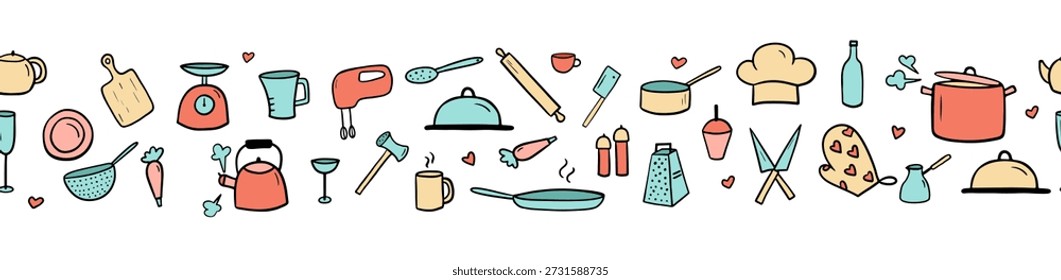 Seamless border with kitchen tools. Childish funny endless pattern isolated on white background