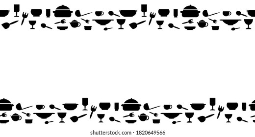 Seamless border with kitchen utensils. Black Silhouettes of Cutlerys on a white background. Vector illustration in flat style