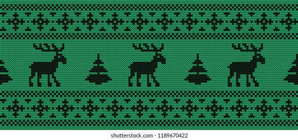 Seamless border. Knitted pattern with black deers and fir trees on a green background. Christmas background. Ornament. Vector illustration.