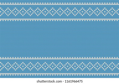 Seamless border. Knitted pattern on a light blue background. Ornament. Winter bckground. It can be used as a Christmas background. Vector illustration.