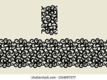Seamless border lace black cloth texture. Openwork curls on white background. Pattern brush. Monochrome clothing design element. To create of feminine card or wedding invitation Vector illustration