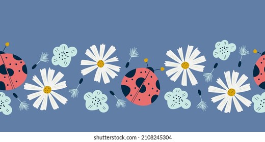 Seamless border with ladybug, chamomile flowers.Spring pattern with insects and flowers on a blue background. Dandelions and ladybug for summer designs. Vector illustration in flat style