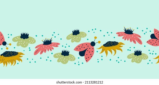Seamless border with ladybug, sunflowers. Spring pattern with insects and flowers on a blue background. Ladybug for summer designs. Vector illustration in flat style