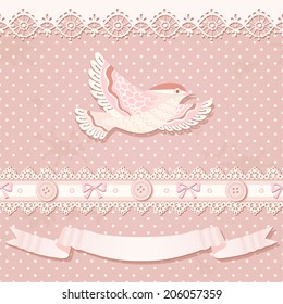 Seamless border with lases, flying bird, decorative ribbon and bows. Vector polka dot background. Vintage ornamental card.