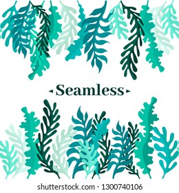 Seamless border of leaves and greens. Leaves of the forest or seaweed.