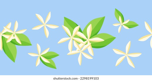 Borde incomparable de flores de limón con hojas sobre un fondo azul claro. Ilustración vectorial para la decoración, cinta, impresión.