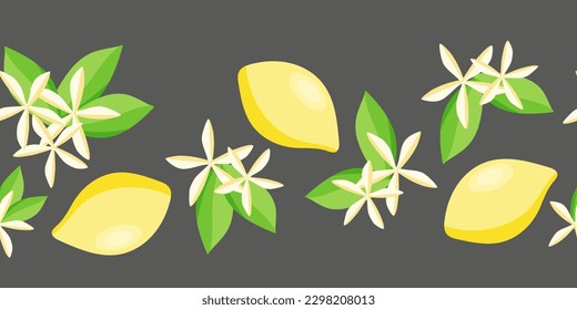 Seamless border of lemon and lemon flowers with leaves on a gray background. Vector illustration for decoration, ribbon, print.