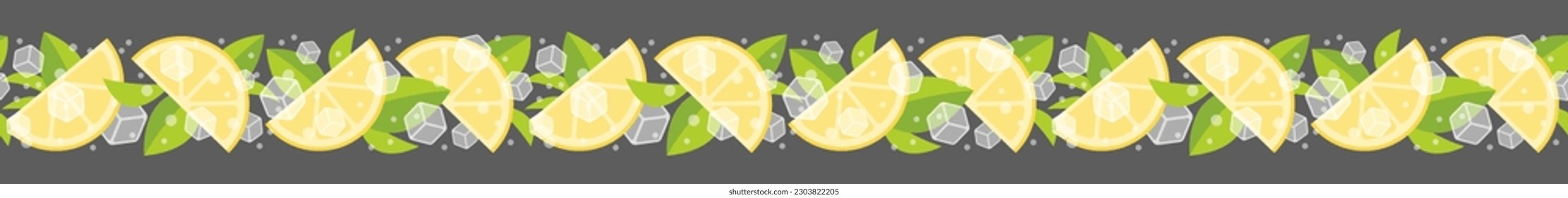 Seamless border with lemon, mint leaves and ice. Lemonade mojito garland. Isolated vector illustration.