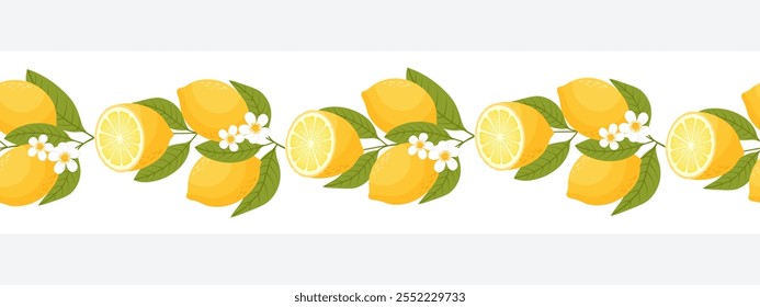 Seamless border with lemons. Horizontal ornament with lemon fruits on a branch. Illustration