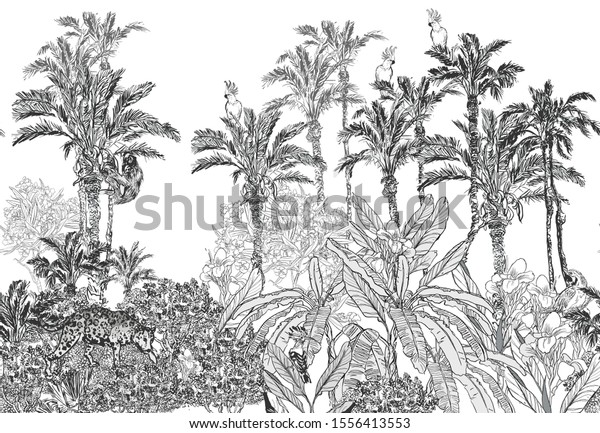 白い背景にシームレスなユキヒョウ オウム ホーポエ オレアンダーとハイビスカスの花のエッチングイラスト手描きのグラフィックスパノラマビューとヤシの木のジャングルトロピック のベクター画像素材 ロイヤリティフリー