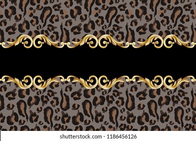 Seamless border with leopard skin and golden baroque elements. 