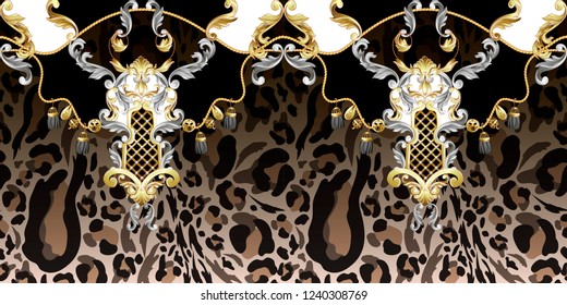 Seamless border with leopard skin and golden baroque elements