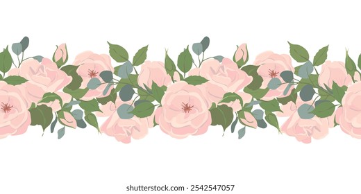 Seamless border of light pink roses and eucalyptus branches. Composition of beautiful flowers, buds, leaves isolated on background. Vector floral illustrations in flat style for wedding design.