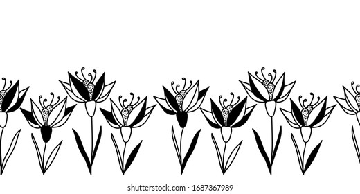 Seamless border with lilies. Floral hand drawn pattern on a white background . Vector illustration