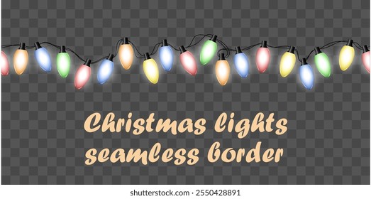 seamless border luminous garland. oval multicolored shining electric light bulbs are arranged in an endless horizontal stripe. isolated on a checkered background. for card, greeting, banner, website