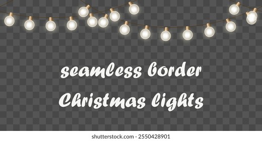 guirlanda luminosa sem costura. Muitas lâmpadas elétricas brilhantes redondas estão dispostas em uma faixa horizontal interminável. isolado em um fundo quadriculado. para cartão, saudação, banner, site