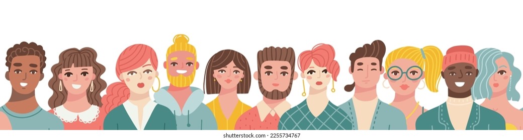 Seamless border made of diverse people crowd isolated on a white background. Group of men and women stand in a row. Social diversity concept. Vector flat hand drawn illustration.