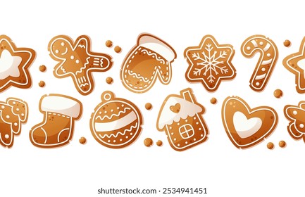 Seamless border made of gingerbread of different shapes. Christmas pattern made of gingerbread cookies in the form of a man, gingerbread house, star and Christmas tree ball. New Year's design.