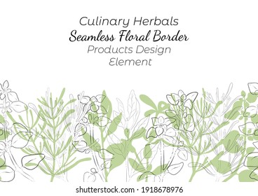 Seamless Border Made with Hand Drawn Culinary Herbals Arranged Horizontally. Thyme, Oregano, Rosemary and Laurel Made as Filled Shapes and Contour Drawing. Vector decoration or Product Design Element.