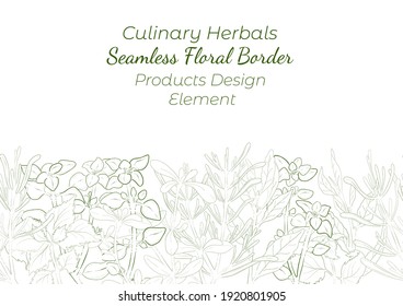 Seamless Border Made with Hand Drawn Culinary Herbals Arranged Horizontally. Thyme, Oregano, Rosemary, Laurel and Shiso Made as Contour Drawing. Vector decoration or Product Design Element.