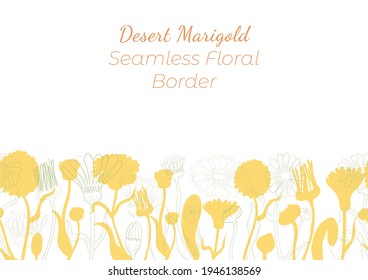 Seamless Border Made with Hand Drawn Corn Marigold Arranged Horizontally. Marigold branches, flowers, buds, leaves, fruits made of contour and silhouette. Composition for Any Designs, Advertising etc.