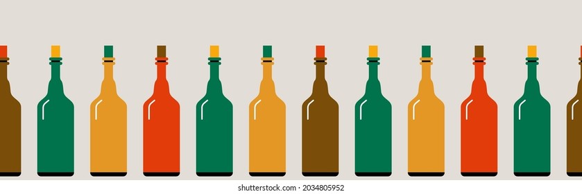 Seamless border made of multi-colored bottles. Vector illustration.