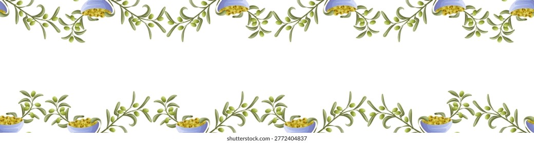 A seamless border made of olive branches with bowls