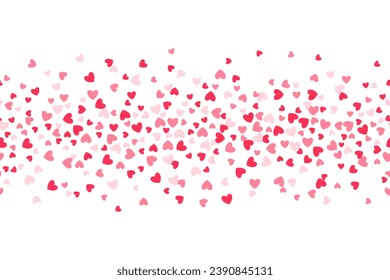 Seamless border made from red confetti hearts. Cute confetti hearts explosion. Valentine's Day background.