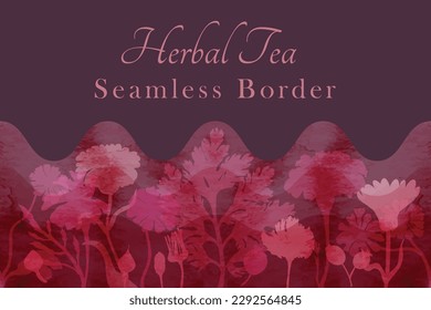 A seamless border was made in silhouette and placed horizontally on a dark background. The border is made from Marigold, Calendula, Feverfew, and Dog rose parts and decorated with watercolor texture.