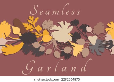 A seamless border made in silhouette and placed horizontally on the brown background. The border is made from Marigold, Calendula, Feverfew, and Dog rose parts and made as applique.
