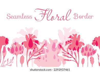 A seamless border was made in silhouette and placed horizontally on a white background. The border is made from Marigold plant parts and decorated with raindrops. Floral borders for any design ideas.