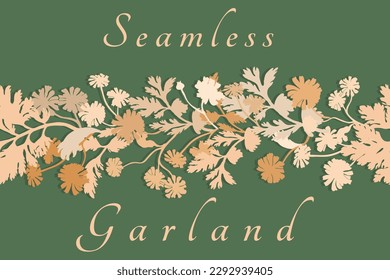 Ein nahtloser Rand wurde in Silhouette gemacht und horizontal auf grünem Hintergrund platziert. Die Grenze wird aus den Feverwenigen Pflanzenteilen hergestellt und als applique gemacht. Blumenrahmen für jegliche Design-Ideen.