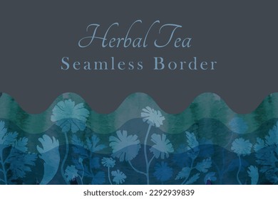 A seamless border was made in silhouette and placed horizontally on a dark background. The border is made from the Feverfew plant parts and decorated with a watercolor texture.