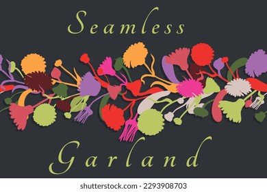 A seamless border was made in silhouette and placed horizontally on the dark background. The border is made from the Calendula plant parts and made as applique. Floral borders for any design ideas.