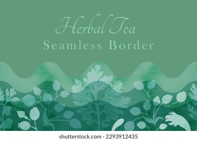 A seamless border was made in silhouette and placed horizontally on a greenish background. The border is made from Calendula, Feverfew, and Dog rose and decorated with watercolor texture.