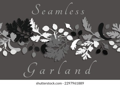 A seamless border is made in silhouette and placed horizontally on the grey background. Calendula, Feverfew, and Dog rose arranged as applique. Floral borders for any design ideas.