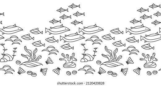 Seamless border Marine vector motif . Underwater Monochrome Aquariums vector background.