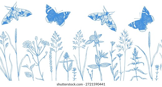 Seamless border with meadow plants, wild cereals and butterflies in sketchy hand-drawn style. Ink drawing, vector illustration