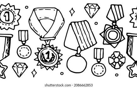 seamless border of medals and cups. horizontal stripe of antique gold medals of various shapes and cups for victory isolated black outline on white for a design template